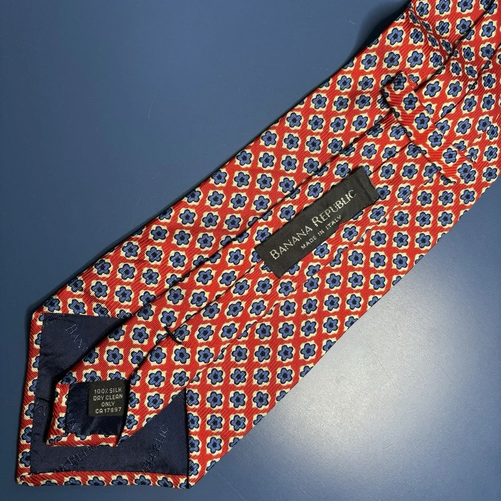 Banana Republic Italy 100% Silk Necktie Red Blue Floral Geometric Classic Office